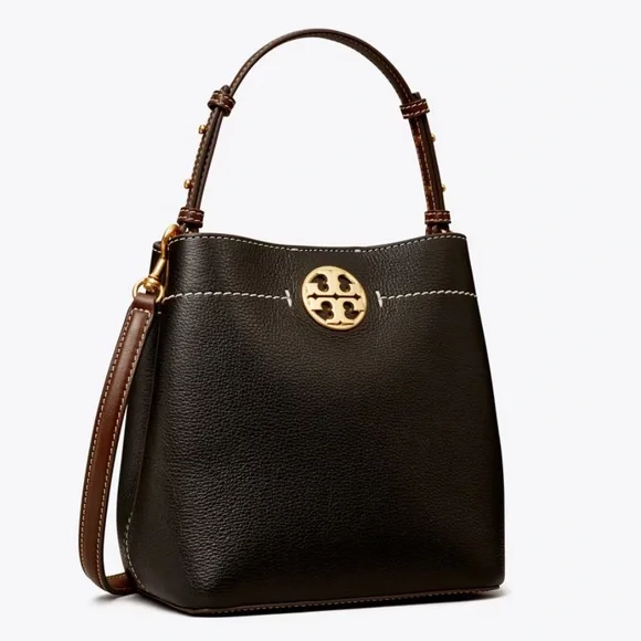 Tory Burch Black Leather Bucket Shoulder Bag with Gold Logo - Picture 1 of 4